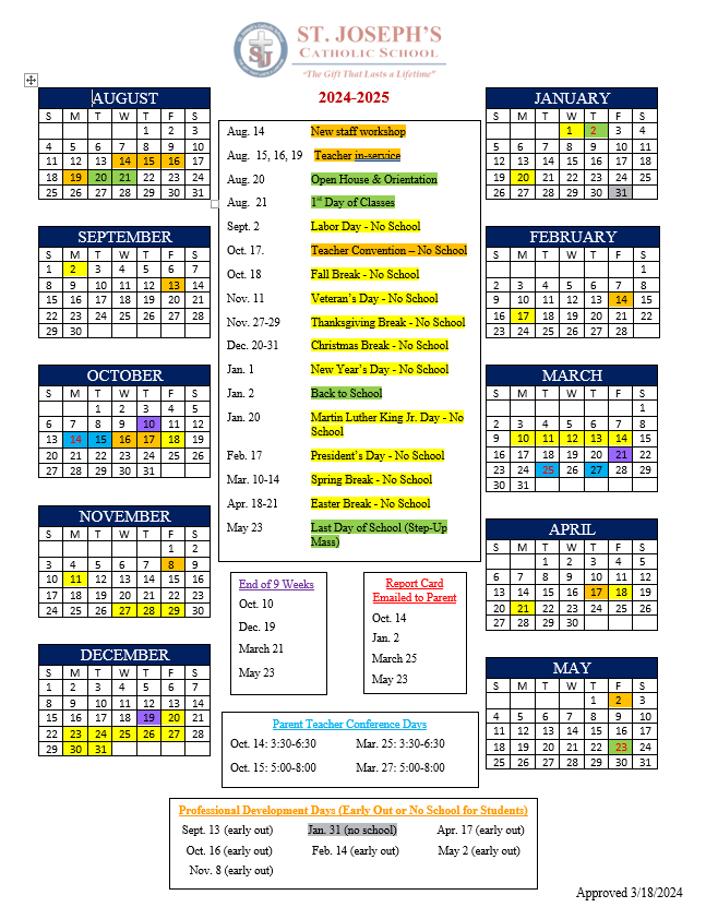 School Calendar - St. Joseph's Catholic School